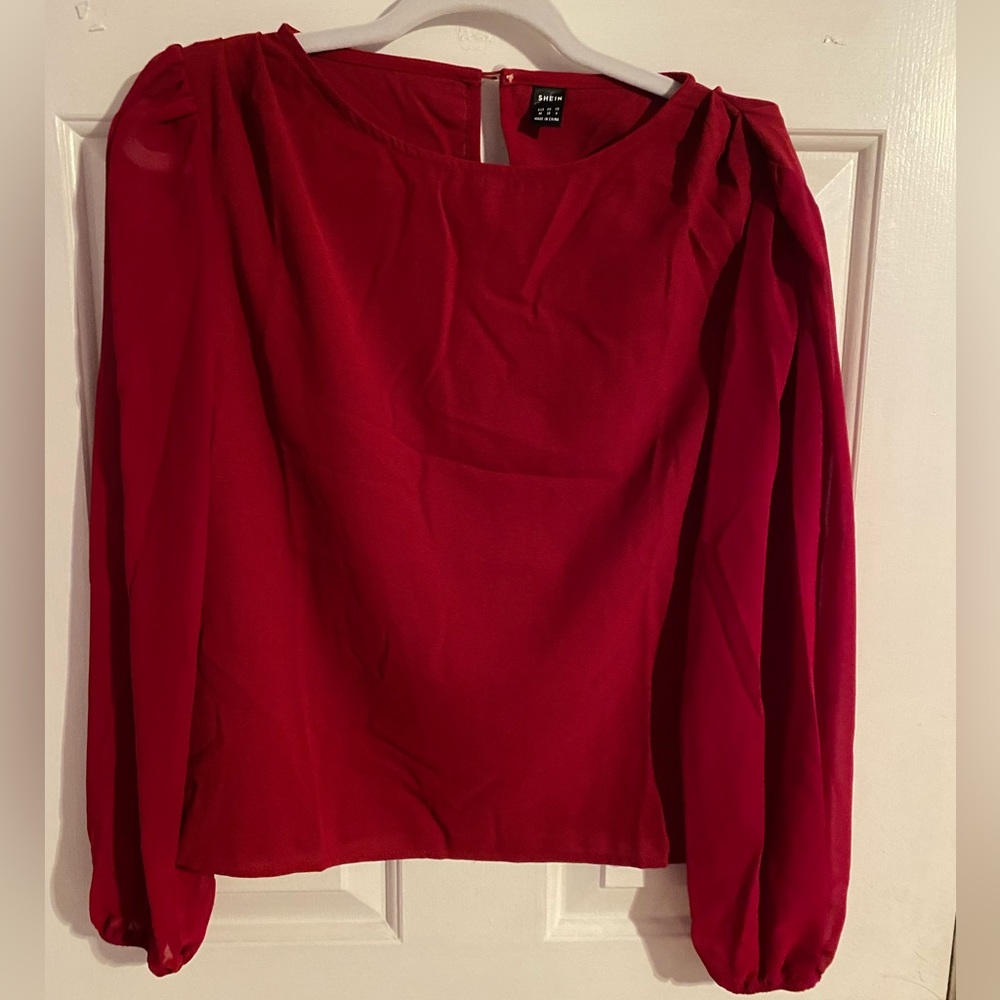 Scoop Neck Red Blouse, Ruched Shoulder